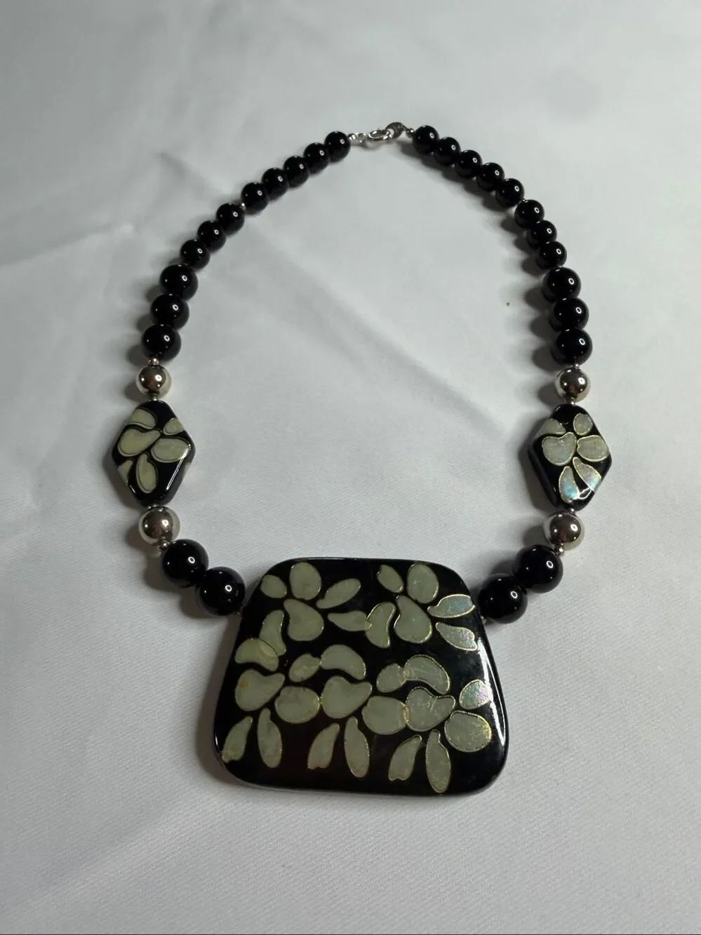 Vintage Japan Black Mother of Pearl Shell Inlay Statement Beaded Necklace